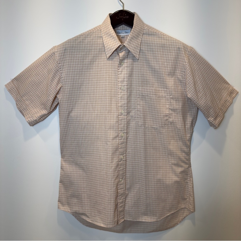 Christian Dior Classic Plaid Short Sleeve Shirt Beige Cotton Blend Size 16